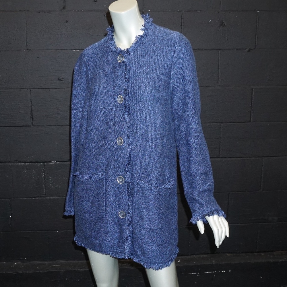 J.McLaughlin Blue space dye fringe sweater coat XL